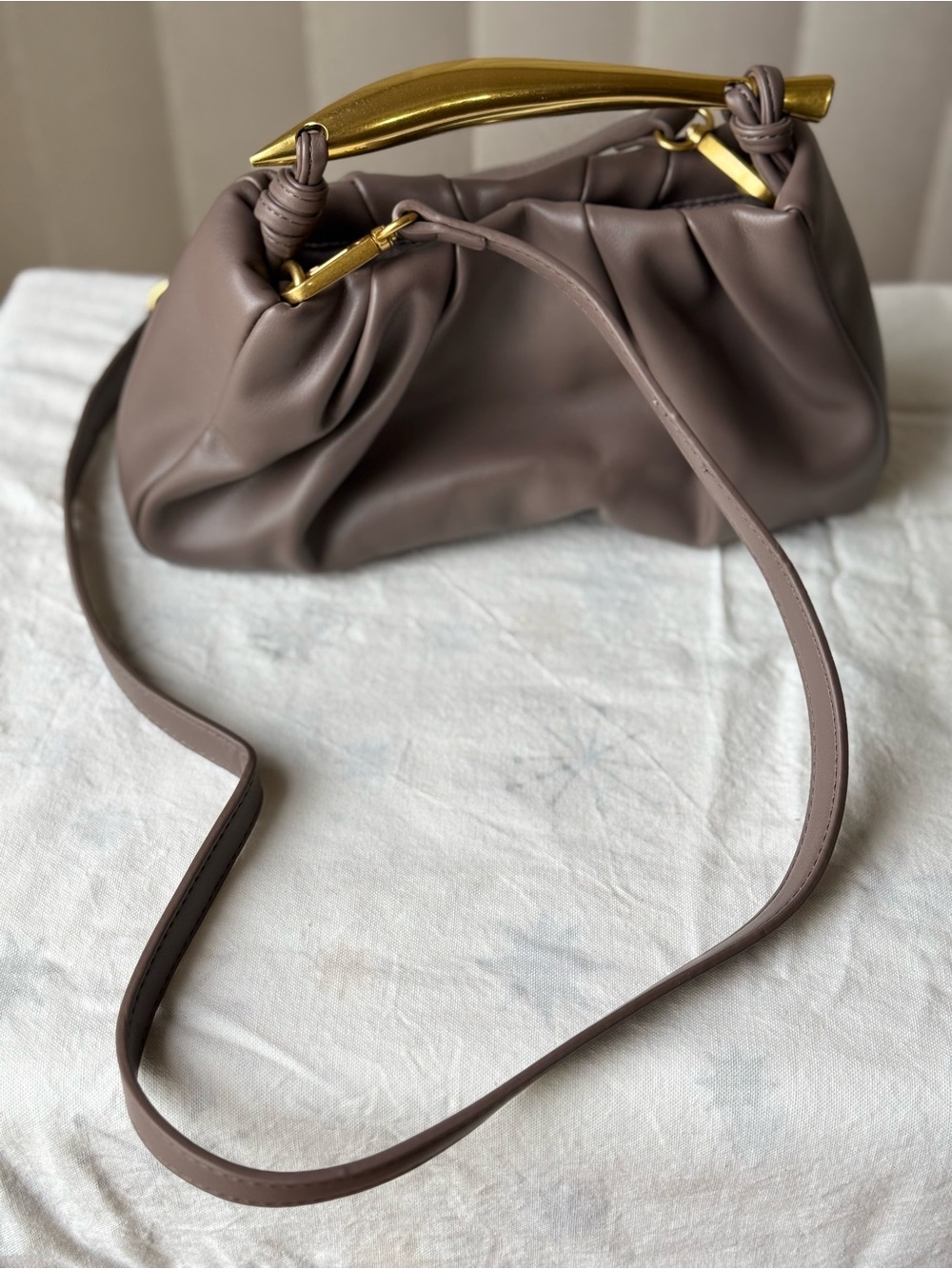 Anthropologie Taupe Ruched Shoulder Bag with Gold Handle